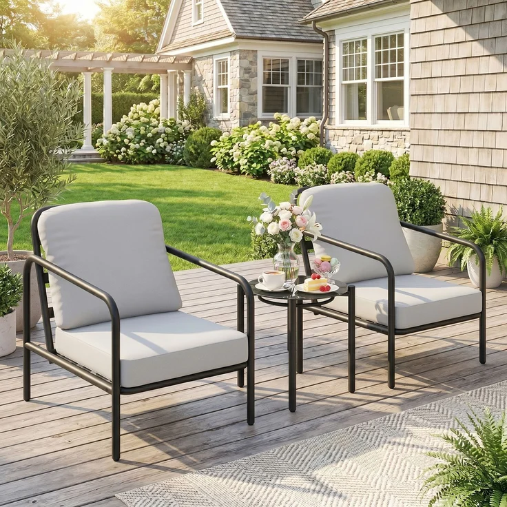 3-teiliges Bistro-Set aus Stahl mit 2 Stühlen mit dicken Kissen, 77.0×63.0×76.0cm, Schwarz grau, MELAYR – Bild 3