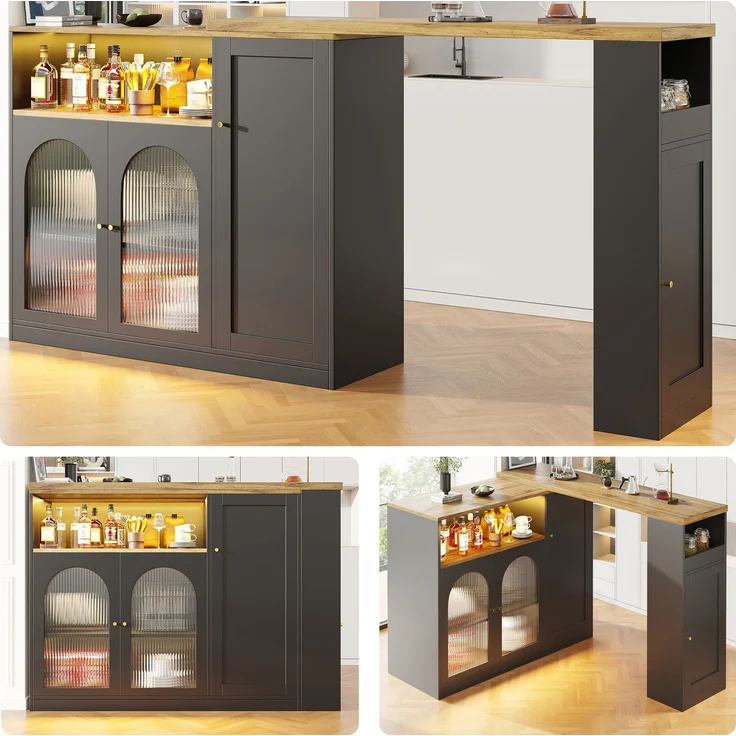 Um 360° drehbarer Bartisch (Hauptkörper: 198 x 39,6 x 97 cm), mattschwarzer Schrank mit Schreibtisch in Holzmaserung, mit Glasschranktür und LED-Licht, Sideboard, Weinschrank, Kaffeeecke--Schwarz--197x39.6x100cm--YOUDENOVA – Bild 1