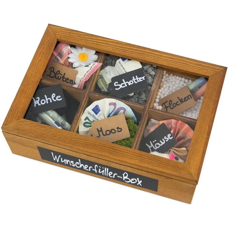 SURPRISA Geschenkbox Schotter-Schatulle Geldgeschenk, aus Pinienholz, 6 Fächer, Geschenk zur Hochzeit, Geburtstag usw. – Bild 2