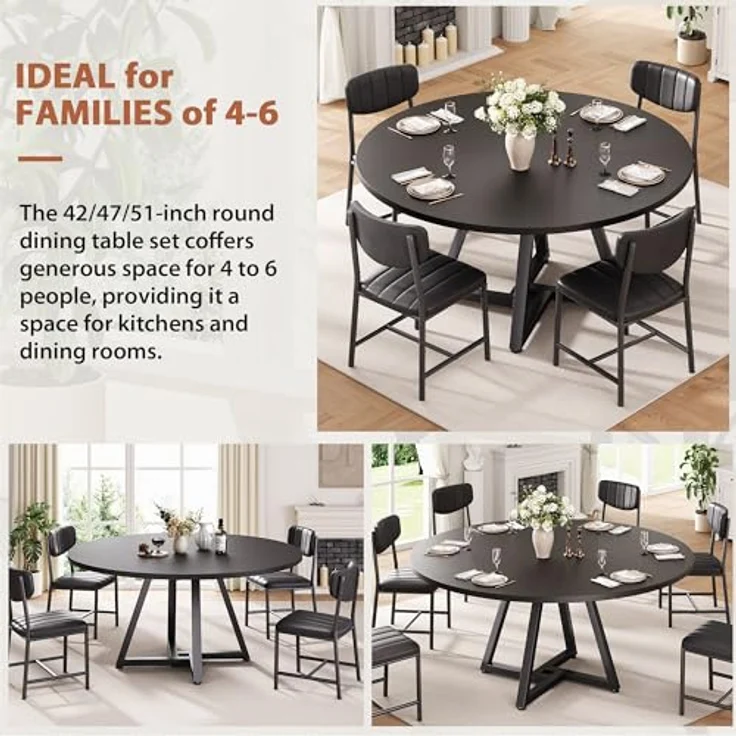 Esstisch Runder und 4 Esszimmerstühle Set, Essgruppe 5-Teilig, Küchentisch mit stabilem Metallgestell und 4 stühle, platzsparender Esszimmertisch aus Holz im Industrial Design (Schwarz, 107cm) – Bild 4