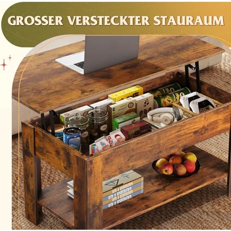 WLIVE Höhenverstellbarer Couchtisch mit Ablage, Wohnzimmertisch Rechteckig mit Offener und versteckter Stauraum, Kaffeetisch für Wohnzimmer, Schlafzimmer (Industriell, Rustikales Braun) – Bild 5