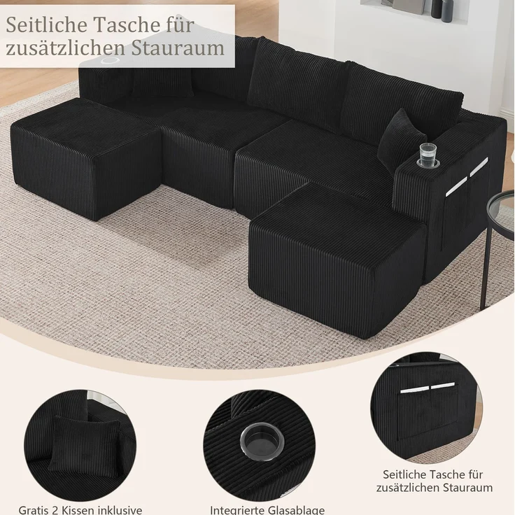 3-Sitzer Ecksofa aus Cordstoff mit beweglichen Ottomanen, Getränkehaltern und Seitentaschen, 230×138×75 cm, Schwarz – Bild 5