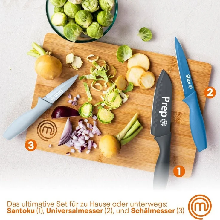 MasterChef Messerset, Küchenmesser Set ink. Kochmesser, Gemüsemesser & Schälmesser, Scharfe Messer Edelstahl, Antihaftbeschichtete, Soft-Touch-Griffe, 3-teilig, Blau, Captions – Bild 2
