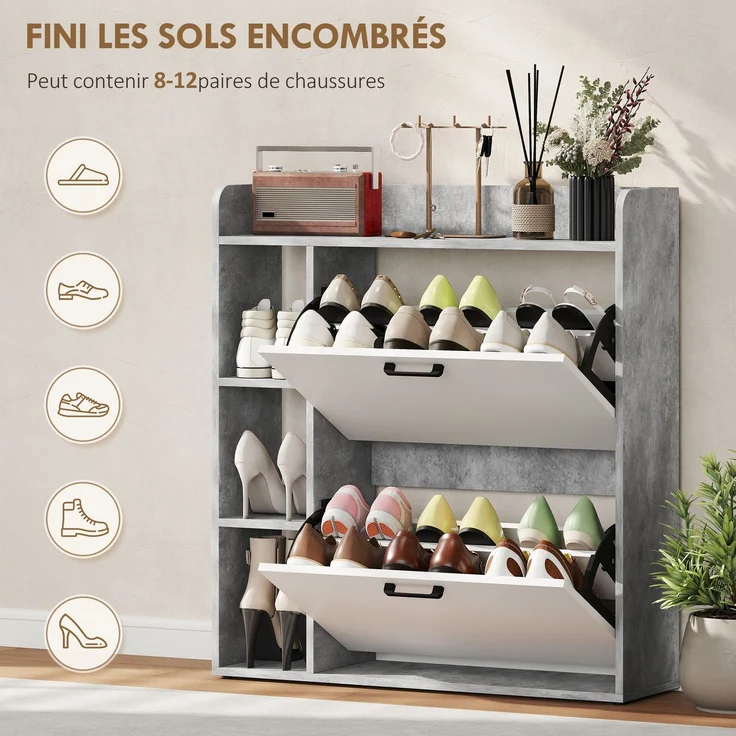 Schuhschrank für 15 Paar Schuhe, moderner Schuhschrank mit 2 Klappschubladen, 83 x 24 x 90,5 cm, weiß und grau – Bild 6