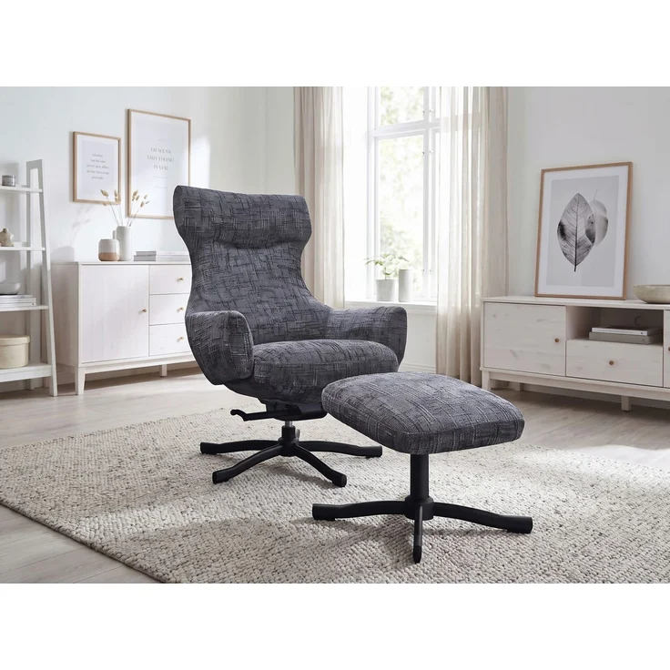 LC Home Sessel »Monroe« Webstoff grau – drehbarer Polstersessel & Relaxsessel mit Hocker Metallgestell schwarz – Bild 2