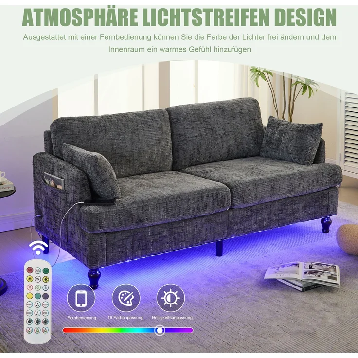 2-sitziges Chenille-Sofa mit USB-Ladeanschluss, LED-Licht und Aufbewahrungstasche in Grau – Bild 8