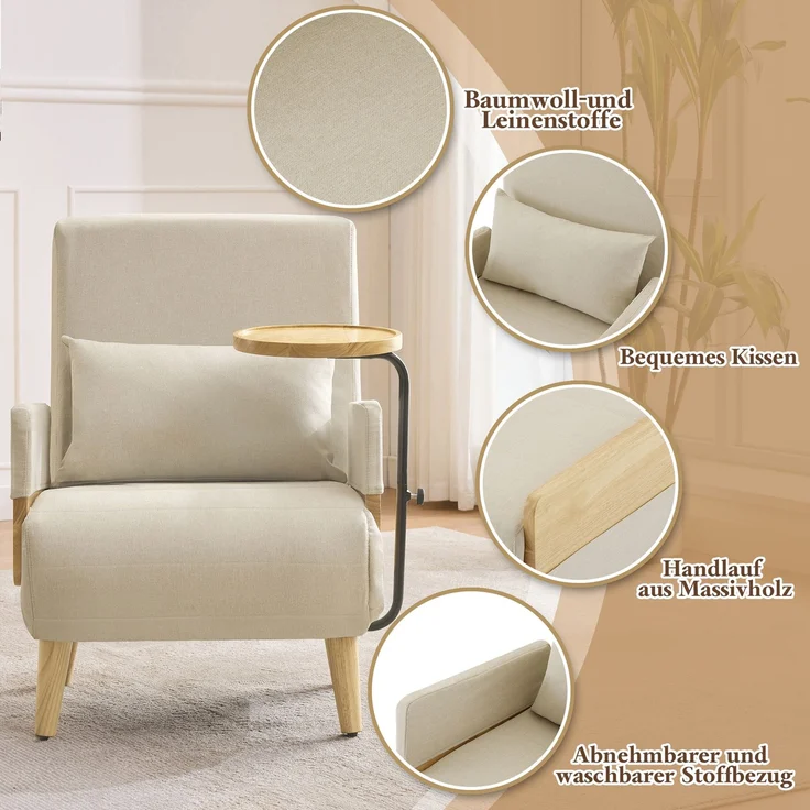 Sessel Leinen 3-in-1 mit drehbarem Tablett,88 x 66 x 74.5 cm,Relaxsessel mit 6-stufiger Rückenlehne & Massivholz – Bild 9