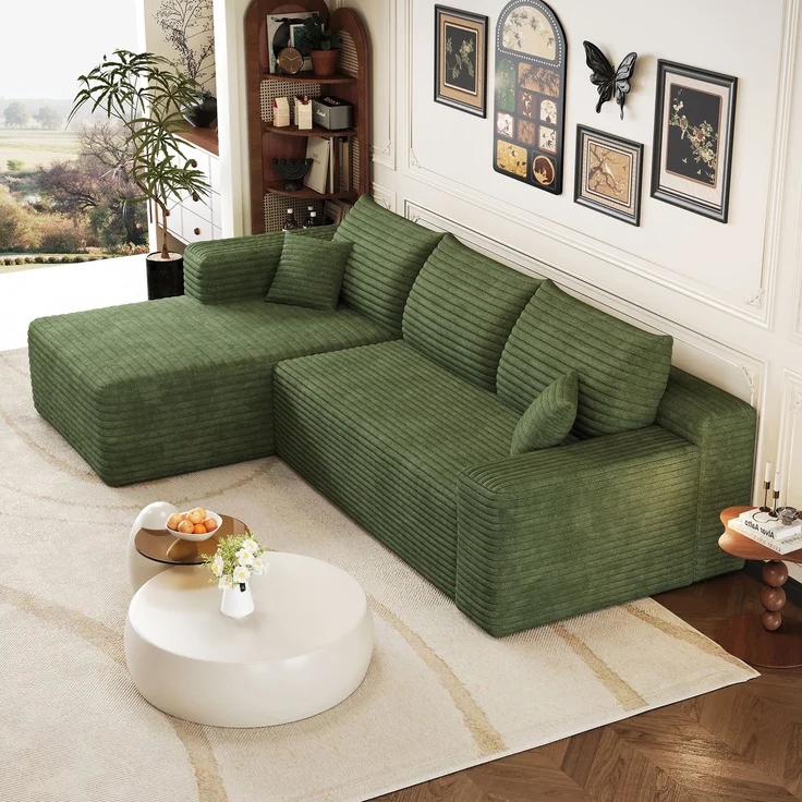 Ecksofa, B 241 x T 151 x H 58 cm, mit grünem Cordbezug und weicher Schaumstoffpolsterung – Bild 2