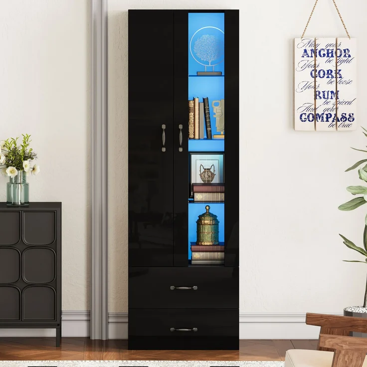 LED-beleuchtete Vitrine, 2 Türen, Standvitrine mit transparenter Tür, freistehende Vitrine LED-Vitrine Wohnzimmer Wohnzimmerwand LED-Vitrine LED-Schrank Buffetschrank,Schwarz--Schwarz--59.5x35x182cm--YOUDENOVA – Bild 3