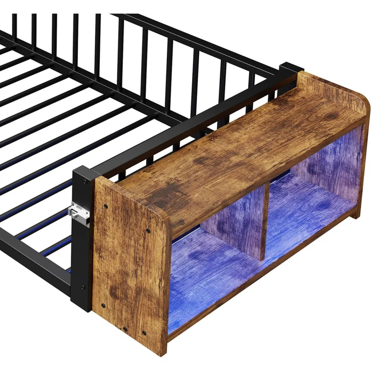Kinderbett mit LED-Streifen, Regal, Zaun, Lattenrost und Tür, 90x200 cm, Einzelbett mit Rausfallschutz, Metallbett – Bild 10