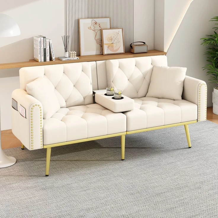 Schlafsofa mit 3-fach verstellbarer Rückenlehne und Getränkehalter, Velours, 175x80x73,5 cm, Beige – Bild 3