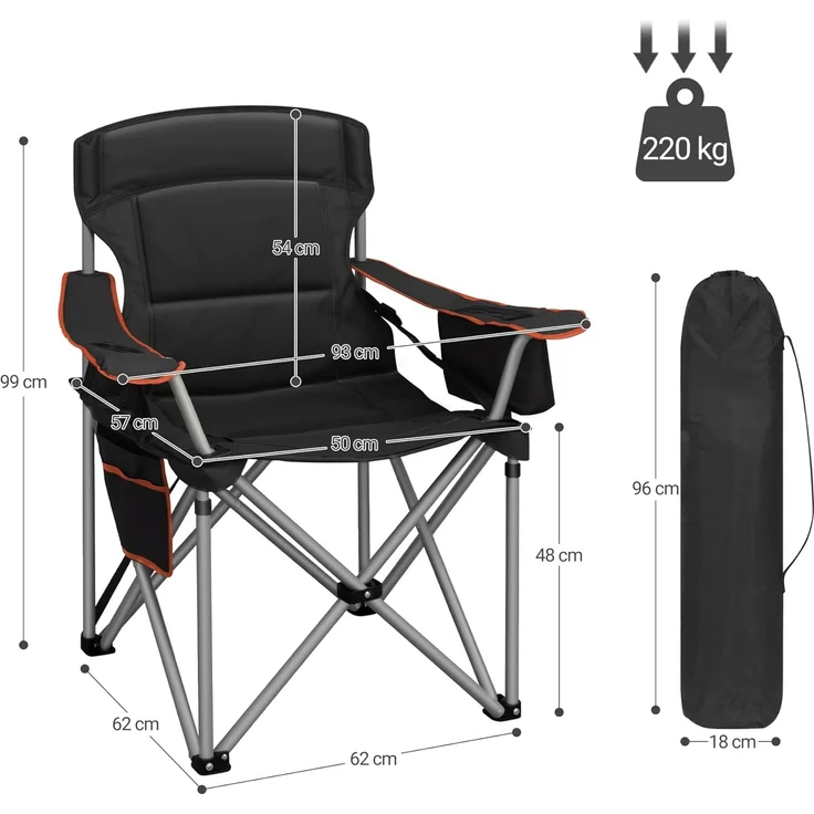 Campingstuhl, 220 KG Campingstuhl Faltbar mit Kühltasche, Getränkehalter, Tragetasch, Hochlehner Bequem Gepolste, Anglersessel Klappstuhl Garten Balkon Strand, Schwarz und Orange – Bild 8