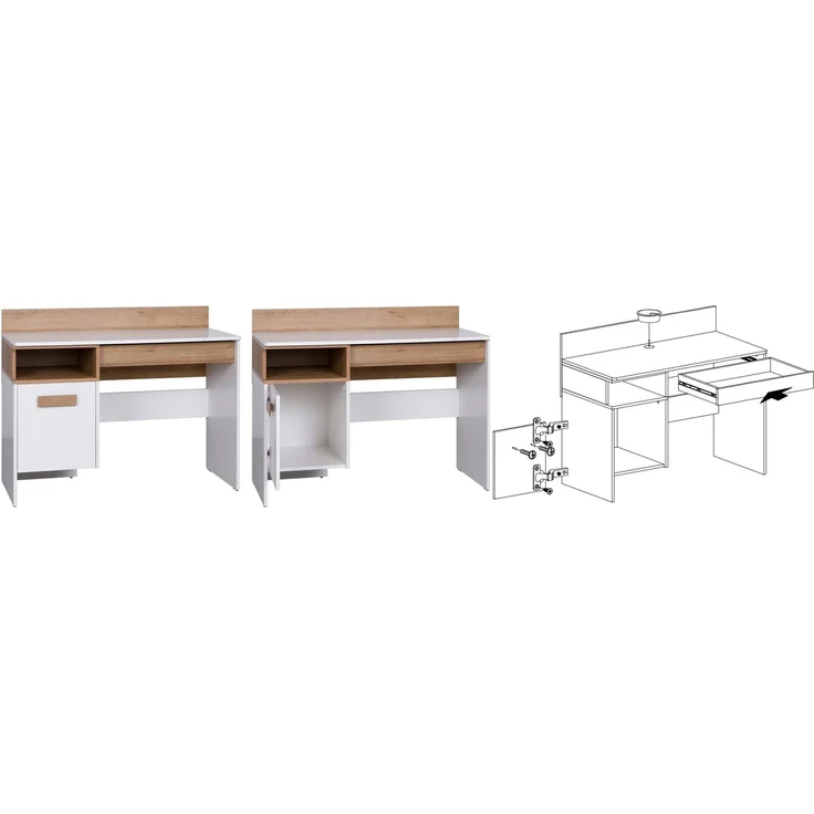 Marmex Möbel Grant Set-L Jugendzimmer-Set 3-teilig mit Bücherregal, Kommode mit Schubladen, Schreibtisch, Kinderzimmermöbel mit Schreibtisch, laminierte Spanplatte, Kleiderstange, weiß+riviera Eiche, 224x195x55 cm – Bild 3