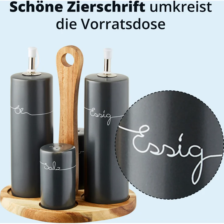 KHG Menage Set Keramik Steingut poliert, Anthrazit Grau mit Holz-Halterung für Öl Essig Salz & Pfeffer für den Tisch mit Beschriftung | Öl- & Gewürze-Vorrat 5-teilig mit Schutz-Deckel – Bild 3