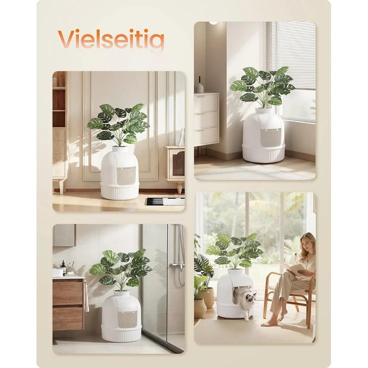 FEANDREA Katzentoilette mit Tür, Blumentopf, verstecktes Katzenklo für Wohnzimmer, mit Filter, weiß – Bild 7