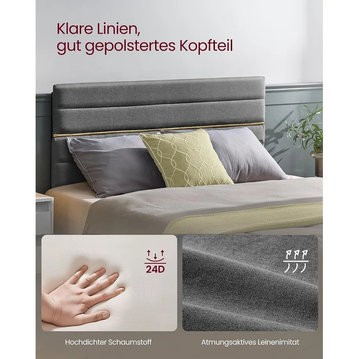 VASAGLE Doppelbettgestell, Bettgestell, passend für 140 x 200 cm Matratze, verstellbares gepolstertes Kopfteil, Bettrahmen, Metall, Massivholz – Bild 4
