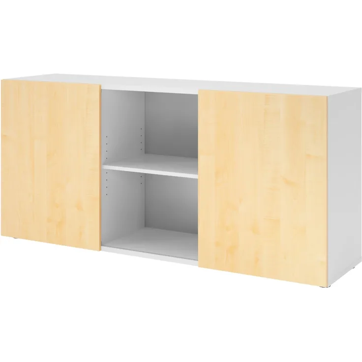 bümö Schwebetürenschrank, Sideboard Weiß/Ahorn - Büromöbel Sideboard Holz 160cm breit, 42cm schmal, Büro Schrank mit Schwebetür für Flur oder als Wohnzimmer-Kommode, 1780-W-3