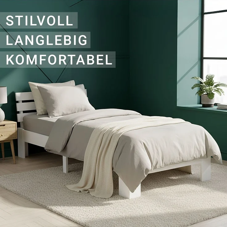 Einzelbett Holzbett 90x200 mit Lattenrost Weiß Kiefer Bett Bettgestell Massivholz – Bild 6