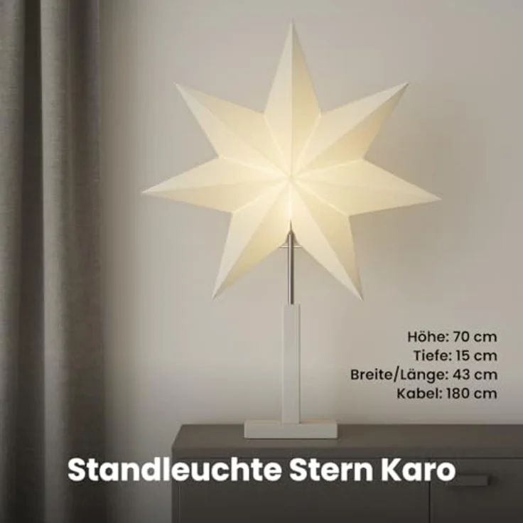 EGLO Tischlampe mit Weihnachtsstern, Dekostern beleuchtet aus Papier mit Holz-Sockel, 3D Fenster-Leuchtstern stehend in weiß mit Kabel, Tischleuchte Weihnachten, E14 Fassung, 70 cm – Bild 3