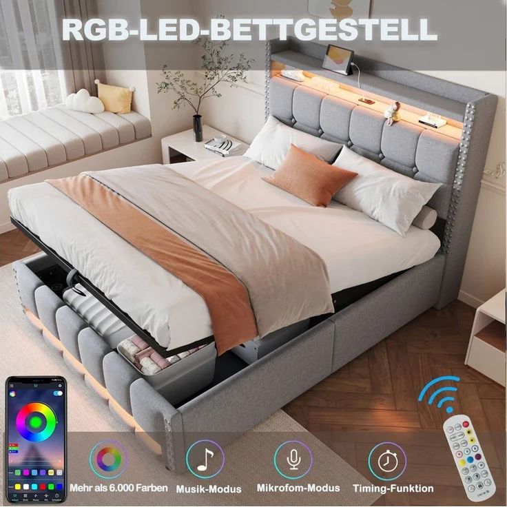 HAUSS SPOLE Polsterbett 140x200 cm mit Matratze Komfortbett, LED-Beleuchtung & USB-Steckdose – Bild 2