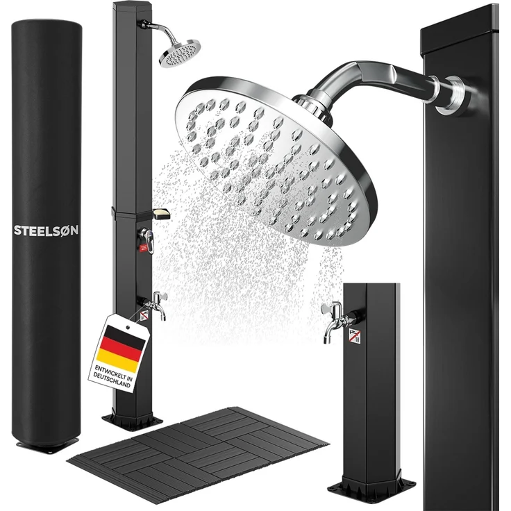 STEELSØN 'Xypher' Solardusche 60L, hexagon, schwarz, warmes Wasser bis 60°C, schwankender Regenduschkopf und Wasserhahn, Gartendusche inkl. Kunststoffboden und Schutzhaube – Bild 1