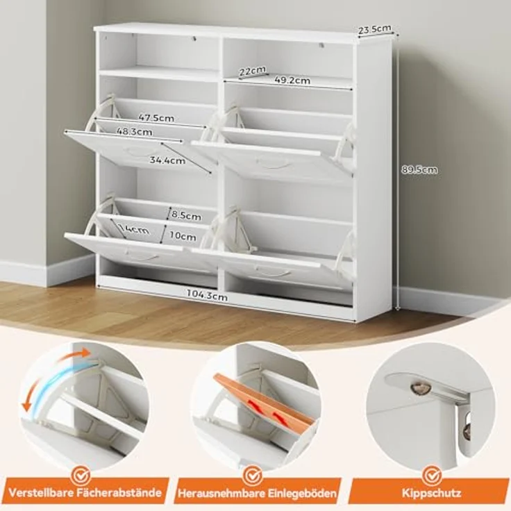 Sweetcrispy Schuhschrank mit 4 Klappen, schmaler Schuhkipper mit offenen Ablagefächern, verstellbare Trennwände, platzsparend für Flur/Diele/Eingang, 104 x 90 x 24 cm, Weiß – Bild 3