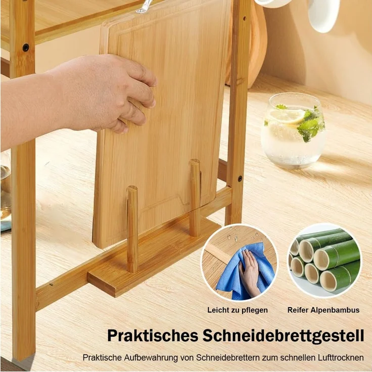 TUWENA Regalelement Bamboo Mikrowellen Regal mit Schneidebrettständer und 4 Hacken, Höhenverstellbar Mikrowellenständer für Arbeitsplatte – Bild 4