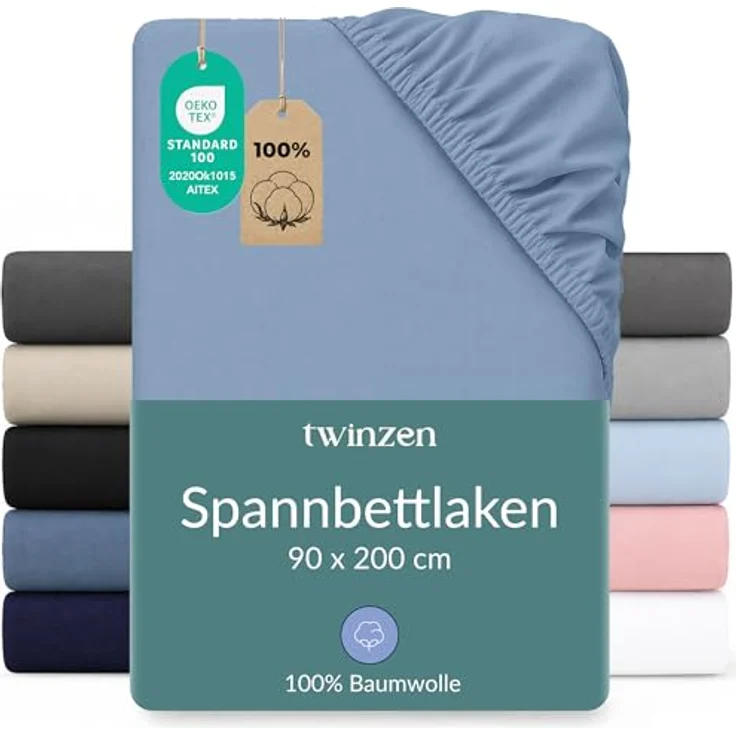 Twinzen Spannbettlaken Baumwoll-Jersey 90x200 Hellblau Steghöhe 30 cm – Bild 1