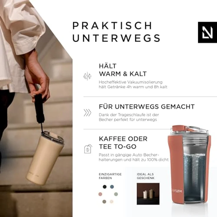 LARS NYSØM Thermo Kaffeebecher to go mit Trageschlaufe & Tritan Deckel | Travel Mug 0,38 Liter mit Isolierung (Brick Red, 380ml) – Bild 2
