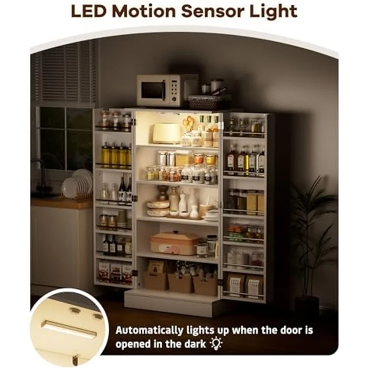 Yorbay Mehrzweckschrank Küchenschrank mit LED-Sensorlicht & höhenverstellbaren Regalen (118 x 60 x 38 cm) Freistehender Vorratsschrank mit Doppeltüren für Küche & Wohnzimmer – Bild 5