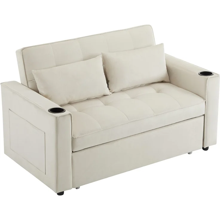 Schlafsofa 2-Sitzer mit verstellbarer Rückenlehne, Samtbezug & Getränkehaltern – Modernes Sofa mit Bettfunktion und Stauraum,Beige – Bild 10