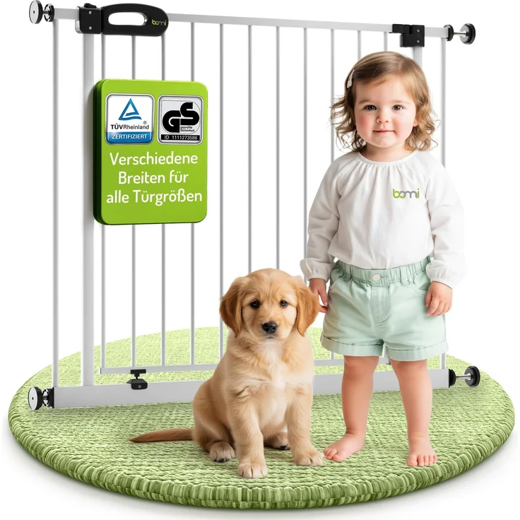 BOMI TÜV GS Siegel Kindertreppen Gitter XXL Merle | Ohne Bohren | 90° Stop | Schließt automatisch | Türschutzgitter weiß Metall | Treppenschutzgitter Türgitter Klemmgitter | Breite: 111-119 cm