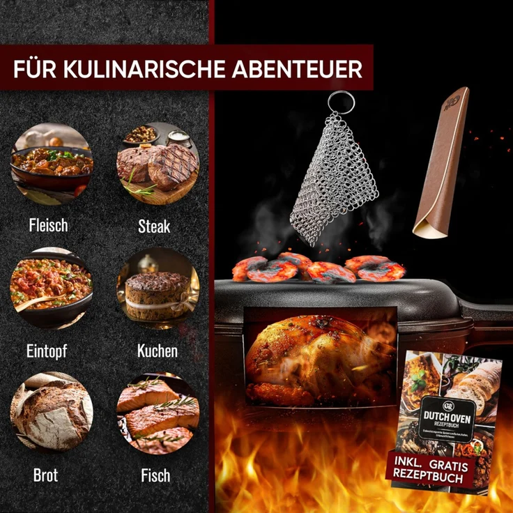 2in1 Casserole 3,6 l aus Gusseisen – Topf & Pfanne in einem, mit Ledergriff & Ringreiniger, eingebrannt, für Induktion, Grill & Backofen – Bild 3