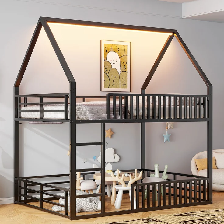 U-life Haus-Etagenbett 140x200 cm mit Sicherheitszaun, LED-Beleuchtung und 2 Lattenrosten, Schwarz – Bild 3