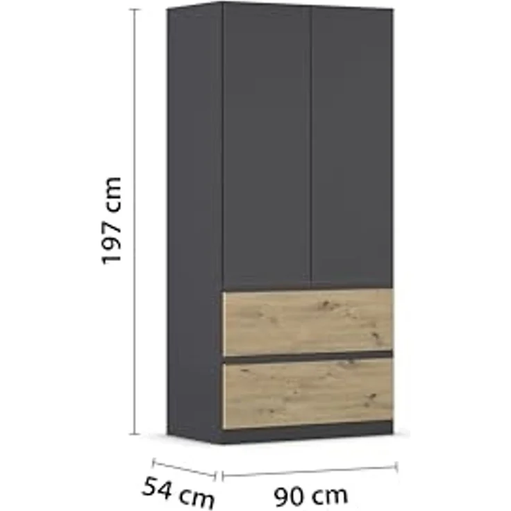 Rauch Möbel Costa, Kleiderschrank für Schlafzimmer, Kinderzimmer, Babyzimmer, Garderobe, Flur, 2-türig, 2 Schubladen, Push-to-Open, mit Zubehör Classic, Farbe Grau metallic, Schwarz, Breite 91 cm – Bild 3
