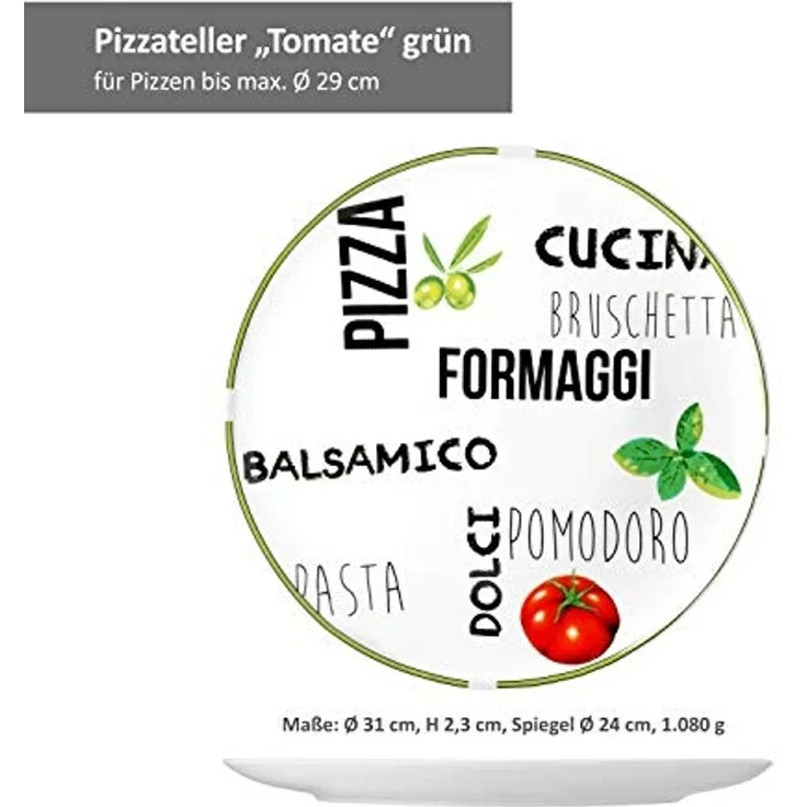 MamboCat Pizzateller 4er Set Pizzateller Tomate Weiß mit Dekor Ø 31cm - 2x Grün & 2x Rot – Bild 5