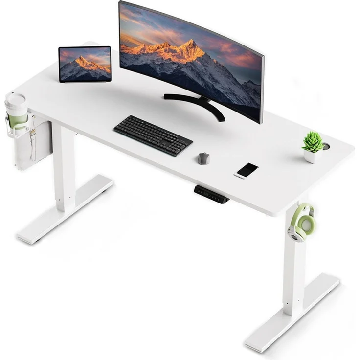 HOMAVO höhenverstellbarer Schreibtisch 70×140 cm, mit Memory- und Anti-Kollisionsfunktion, USB-A- und USB-C-Anschlüssen, Höhe 70–120 cm, Weiß – Bild 1