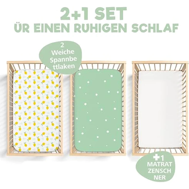 2X Spannbettlaken aus 100% Baumwolle mit Gummiband - 1X Matratzenschoner aus 100% wasserdichtem Material - 3er-Set - 55x90 cm - Zitrone – Bild 3