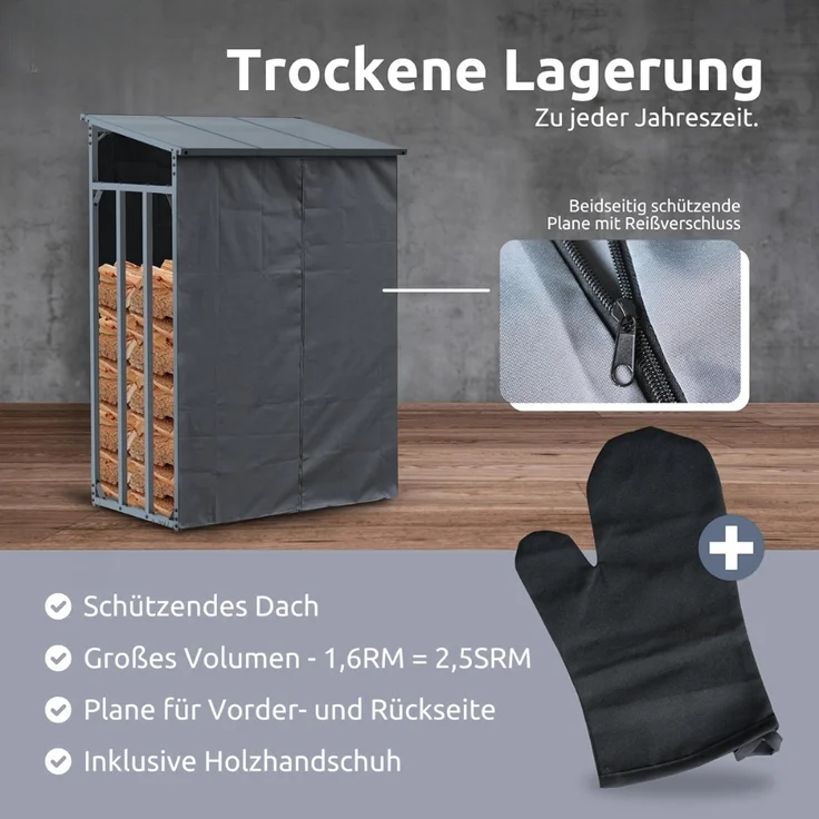 DELUKE® Kaminholzregal Außen mit Dach ELOS - 130x70x185cm | Metallrahmen, Inkl. Ofenhandschuh | Brennholzregal außen Brennholzunterstand Kaminholzunterstand Holzlager – Bild 4