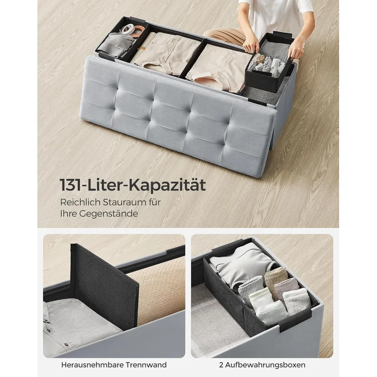 Songmics Sitzhocker mit Stauraum, klappbare Sitzbank, 38 x 110 x 38 cm Fußbank, Aufbewahrungsbox, bis 300 kg belastbar, für Wohnzimmer Schlafzimmer Flur, Taubengrau LSF277G02 – Bild 5