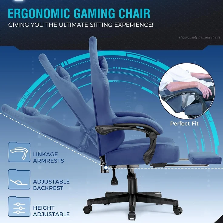 GTPLAYER Gaming Stuhl, Atmungsaktiver Bürostuhl, bürostuhl ergonomisch, Hochwertiger - Stoff, Ergonomischer PC Stuhl, 160° Verstellbare Rückenlehne und ausziehbare Fußstütze, Blau – Bild 5