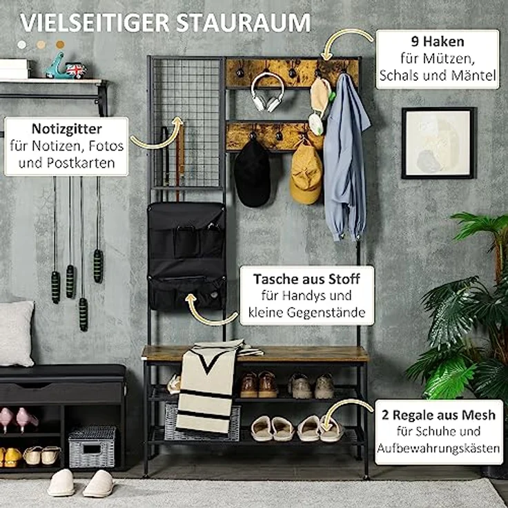 HOMCOM Garderobenständer, Braun, Metall und Holzwerkstoff, mit Schuhregal, 9 Haken und Memo-Board, 100x40x185 cm – Bild 3