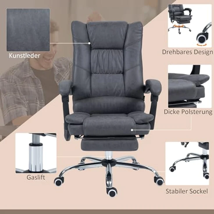 Vinsetto Massage-Bürostuhl mit Fußstütze, höhenverstellbar 111-119 cm für optimale Ergonomie – Bild 7