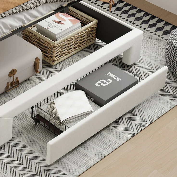 Pressure bed with storage function, light strip and USB charging port, double bed 160 * 200cm beige velvet European standard charger – Bild 8