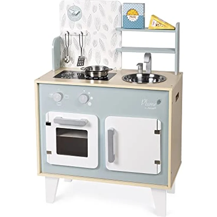 Janod - Küche ‘Plume’ - Kinderküche aus Holz mit Backofen, Edelstahlspüle, Schrank, Induktionskochplatten und Uhr - Spielküche mit 5 Zubehörteilen - Ab 3 Jahren, J06608 – Bild 3