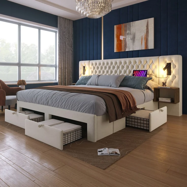 Bettanlage 180x200 cm mit 2 Nachttischen, 4 Schubladen, Leselampen und USB-/Type-C-Ladestation – Beige – Bild 1