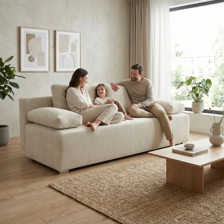 Wohnero 24 Zaya Premium Schlafsofa 201x91 cm mit Bettkasten & DL-Automatik – 201x137 cm Liegefläche, 3-Sitzer Sofa mit Schlaffunktion - Creme