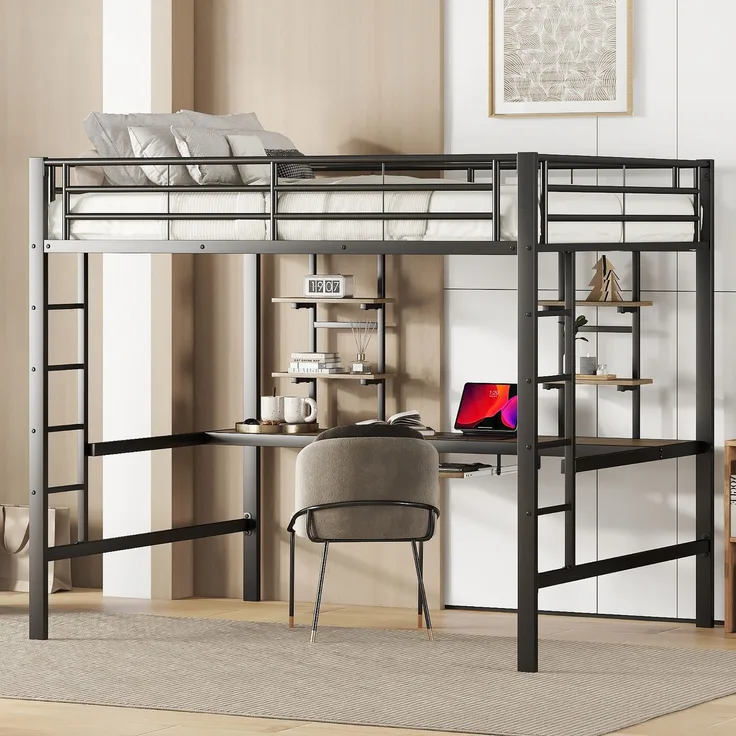 Rayofly-Metall Hochbett Bettgestell H 200cm x T 140cm x B 200cm, Schreibtisch, zwei Bücherregale, für Kinder Jugendliche Erwachsene, Schwarz