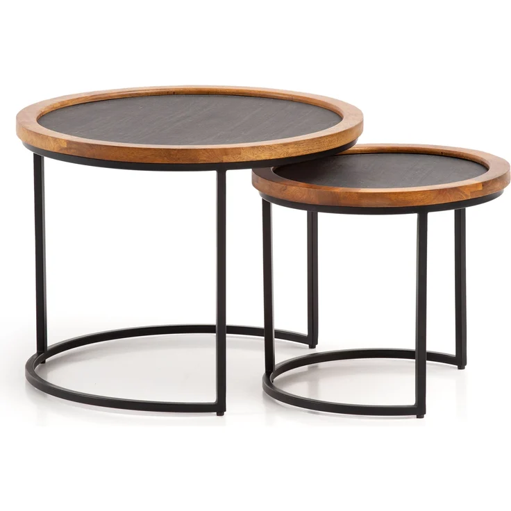 Couchtisch 2er Set Mango Massivholz Rund Metallgestell Modern Braun Anthrazit – Bild 6