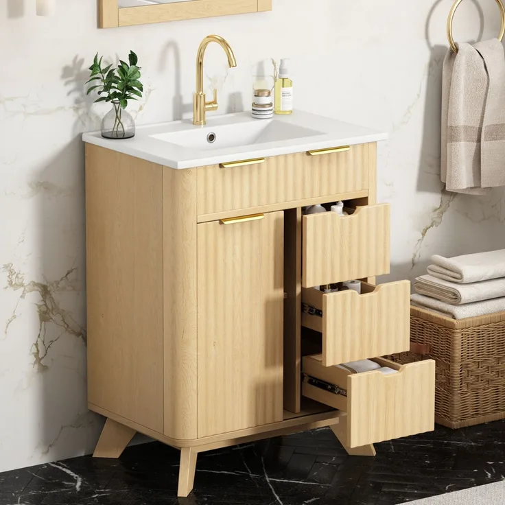 Waschtischkommode 61 x 47 x 90 cm aus MDF mit Keramikwaschbecken, Schiebetür und Wellenstruktur